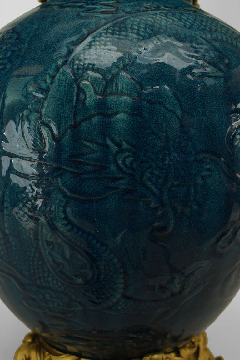 Gilt Pair Of Turquoise Porcelain And Bronze Dore Chinoiserie Vases