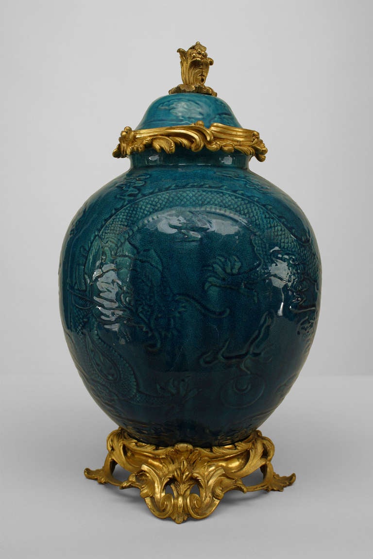 Pair Of Turquoise Porcelain And Bronze Dore Chinoiserie Vases In Excellent Condition In New York, NY