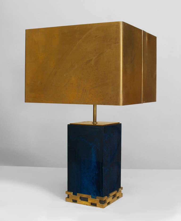 1970's French table lamp featuring a rectangular blue resin and bronze link base and its original square brass shade.