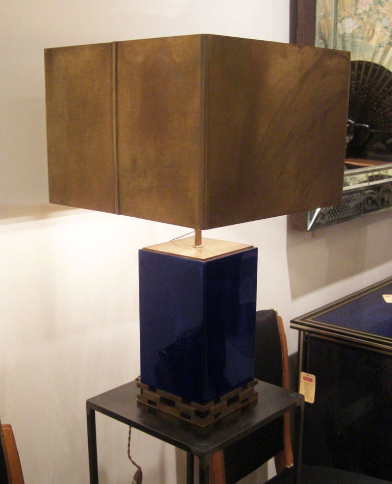 French Bold 1970's Blue Resin And Brass Shade Table Lamp