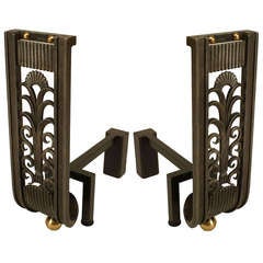 Pair Of Art Deco Style Filigree Wrought Iron Andirons
