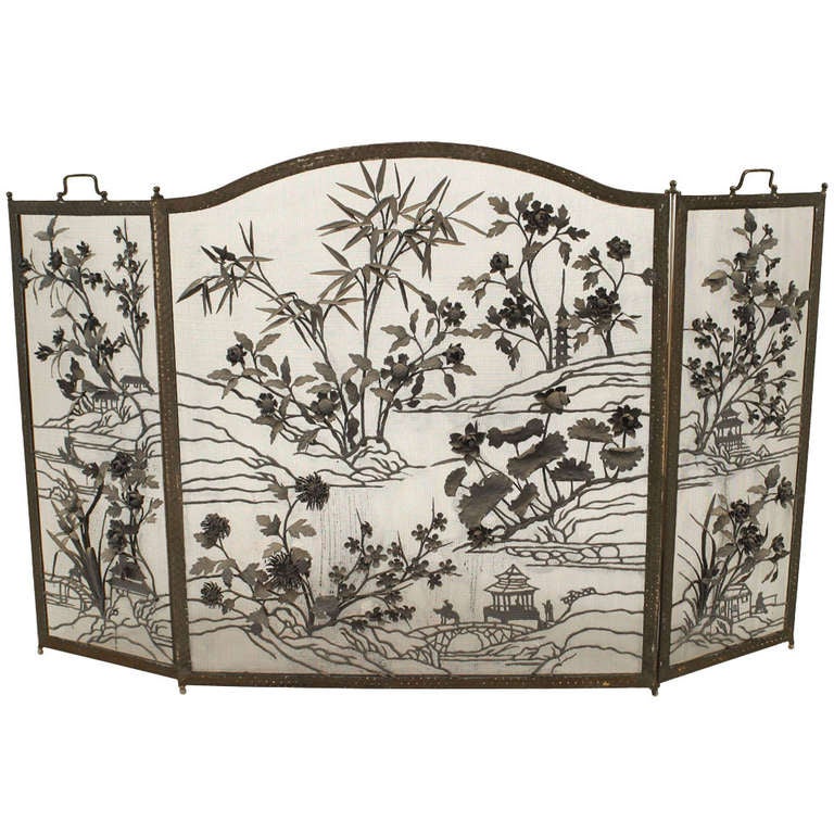 English Arts & Crafts Wrought Iron Fire Screen With Floral And Asian Designs