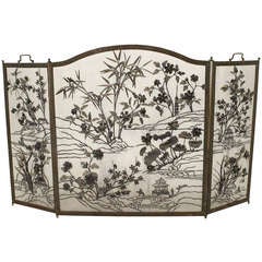 Antique Arts & Crafts Wrought Iron Fire Screen With Floral And Asian Designs