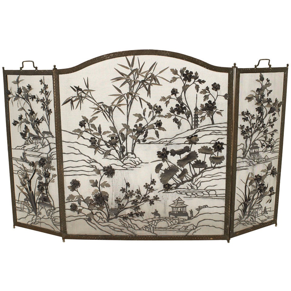 Arts & Crafts Wrought Iron Fire Screen With Floral And Asian Designs