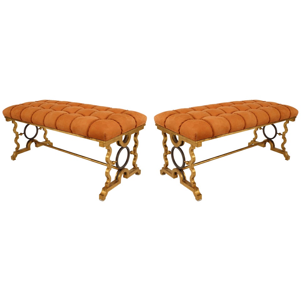 Pair of Gold-Painted Iron and Suede Benches in the Manner of Poillerat