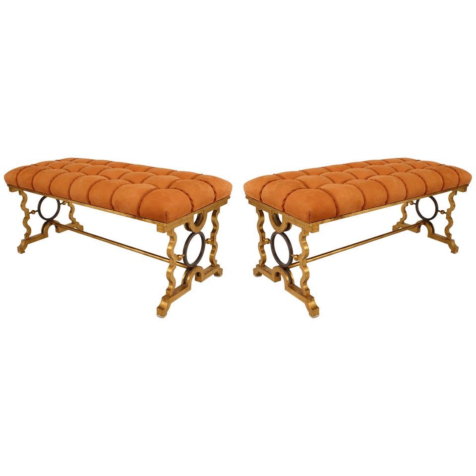 Pair of Gold-Painted Iron and Suede Benches in the Manner of Poillerat