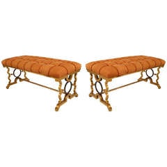 Pair of Gold-Painted Iron and Suede Benches in the Manner of Poillerat