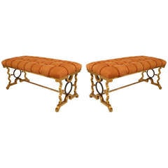Pair of Gold-Painted Iron and Suede Benches in the Manner of Poillerat 8