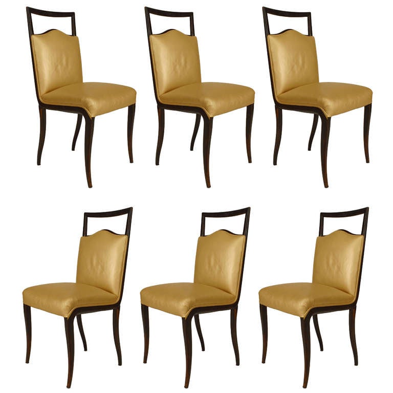Set of 6 Italian 1950s walnut & maple side chairs with gold upholstered seat and back. (att: VITTORIO DASSI/Enzo Ferrari)
