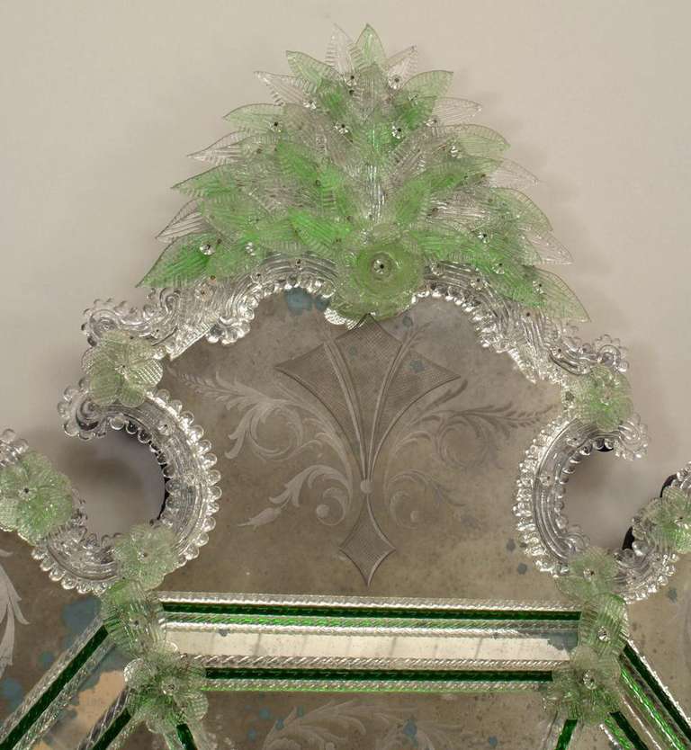 Italian 1920's Green And Clear Octagonal Murano Glass Mirror