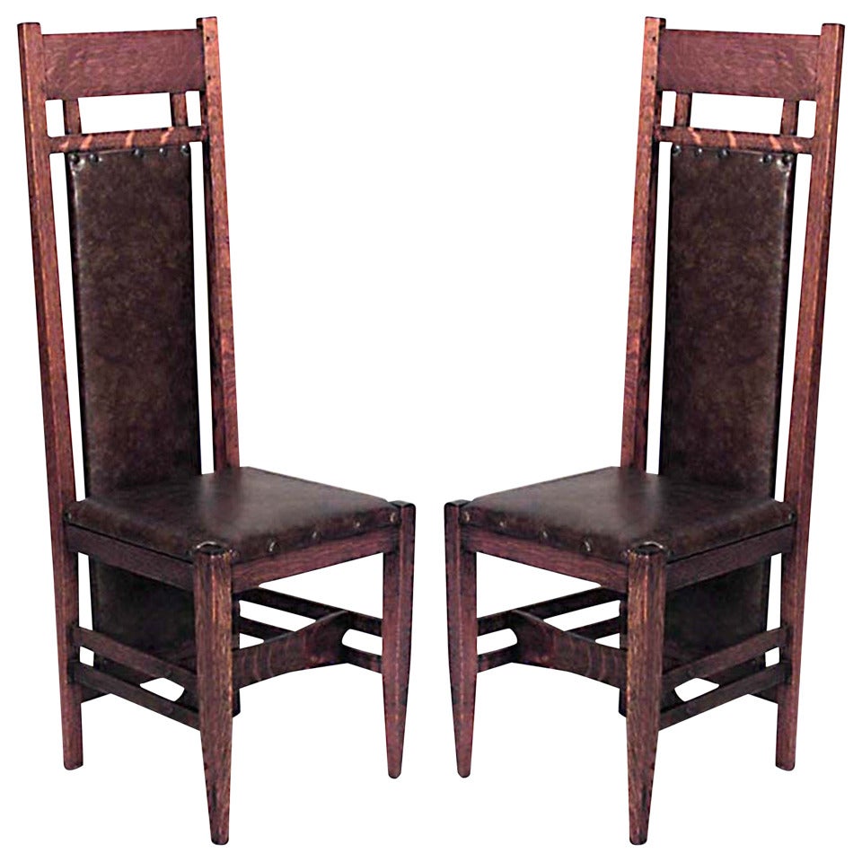 Pair of American Mission Oak Leather Side Chairs