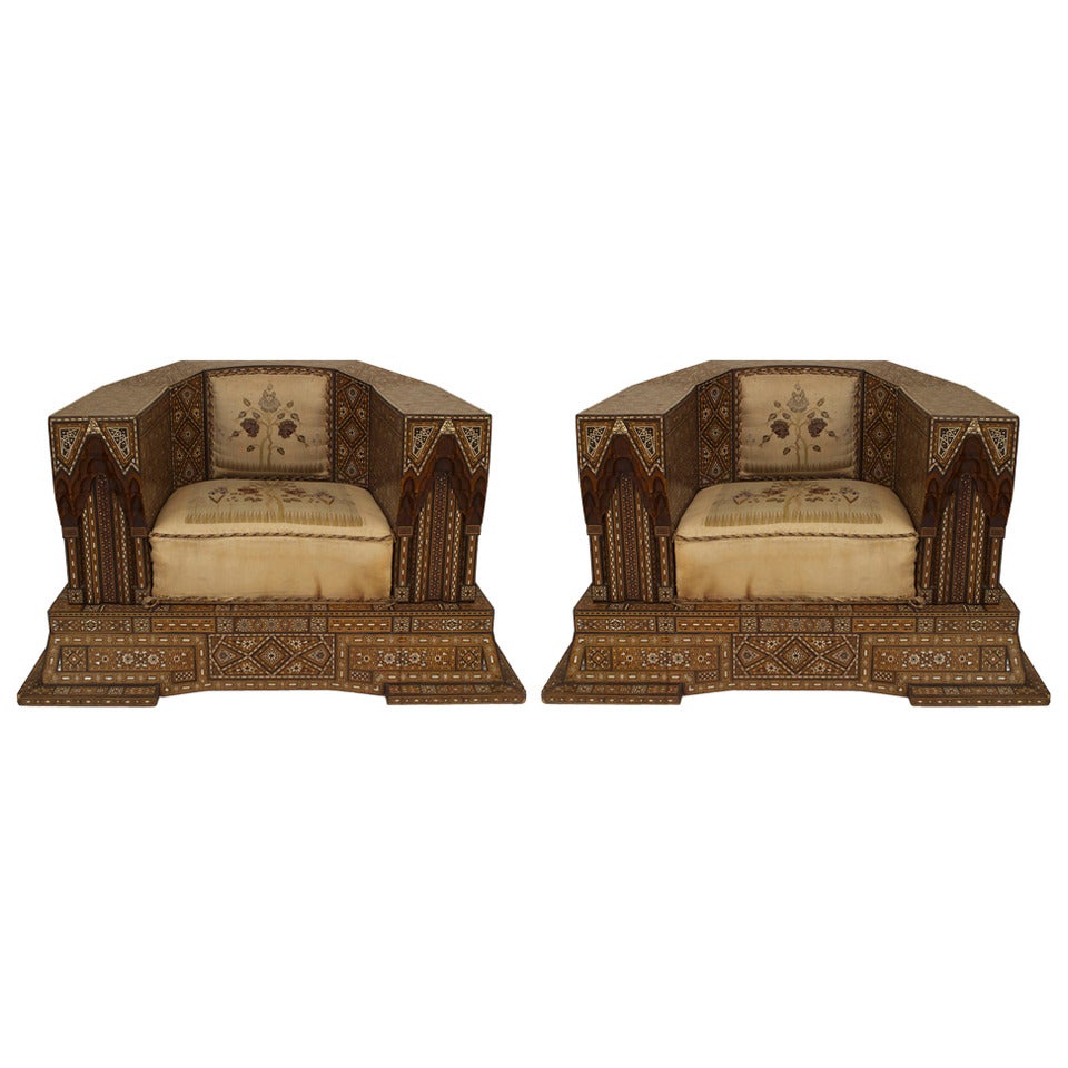 Early 20th Century Pair of Oversized Inlaid Syrian Club Chairs