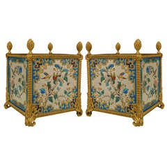 Pair Of 19th c. French Porcelain And Bronze Dore Square Cachepots 6