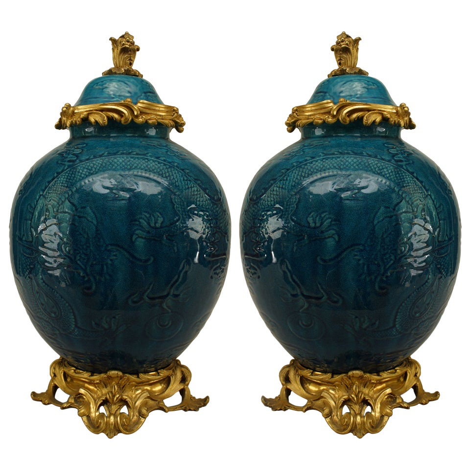 Pair Of Turquoise Porcelain And Bronze Dore Chinoiserie Vases