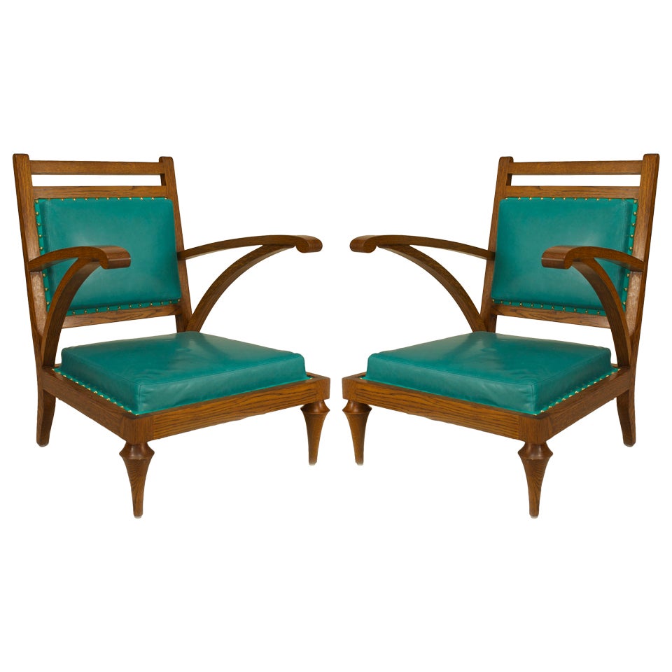 Pair of Post-War Turquoise Leather Armchairs For Sale