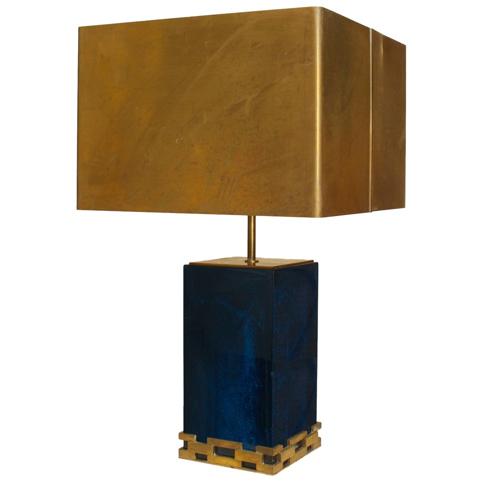 Bold 1970's Blue Resin And Brass Shade Table Lamp