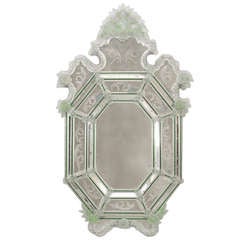 Antique 1920's Green And Clear Octagonal Murano Glass Mirror