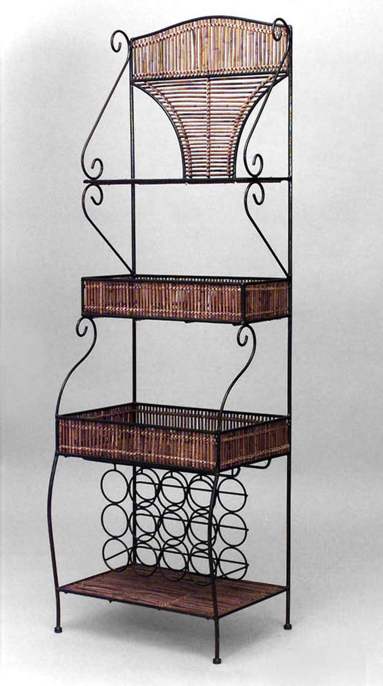 English Country-style slat twig and iron etagere bakery rack with 3 shelves and wine rack base.
