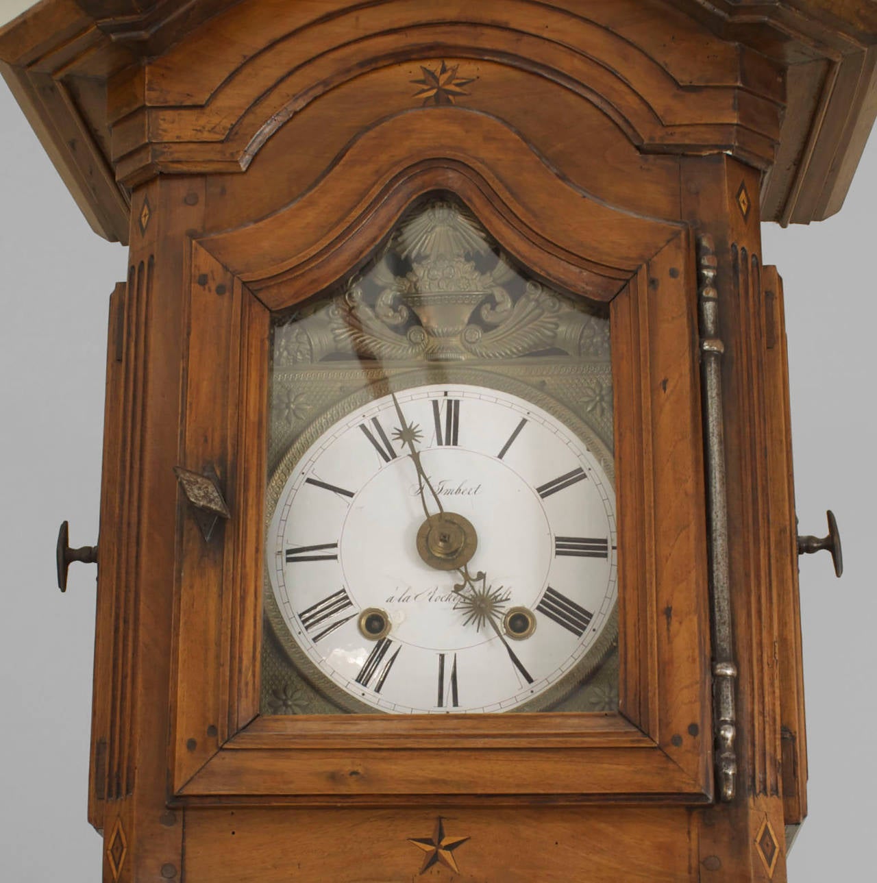 French Provincial (Mid-18th Century) walnut grandfather clock with fruitwood inlay and fluted sides. (Not working)
