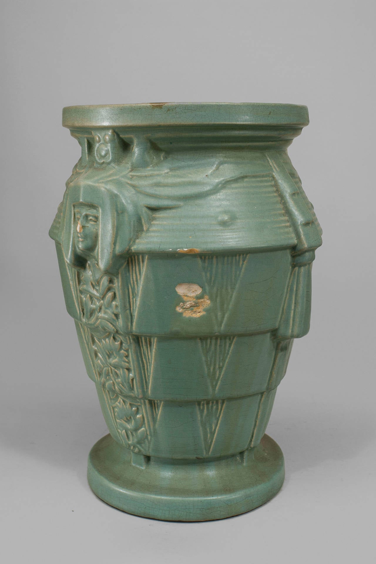 European Pair of 1930s Art Deco Egyptian Revival Celedon Glazed Terracotta Vases