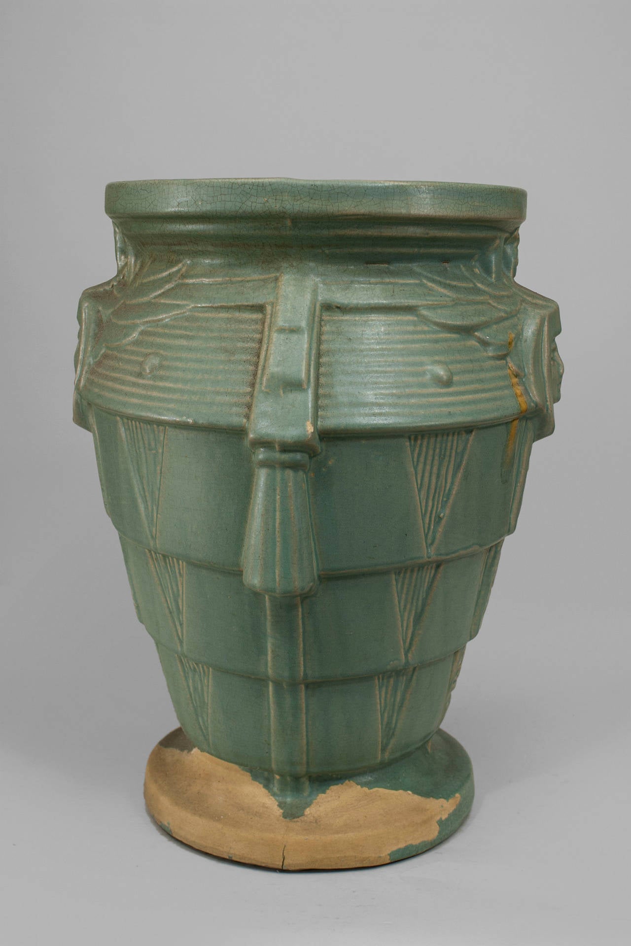 Pair of 1930s Art Deco Egyptian Revival Celedon Glazed Terracotta Vases In Fair Condition In New York, NY