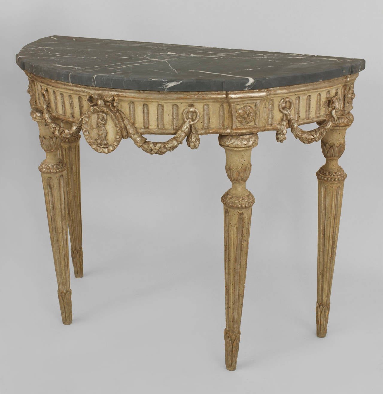 Painted Pair of 18th Century Italian Neoclassical Silver Gilt Demilune Consoles