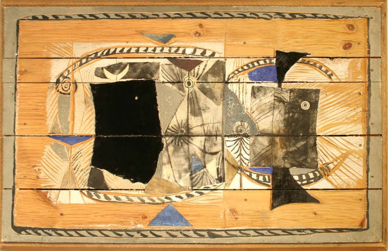 Paul Rene Gaugin collage on carved wood titled 