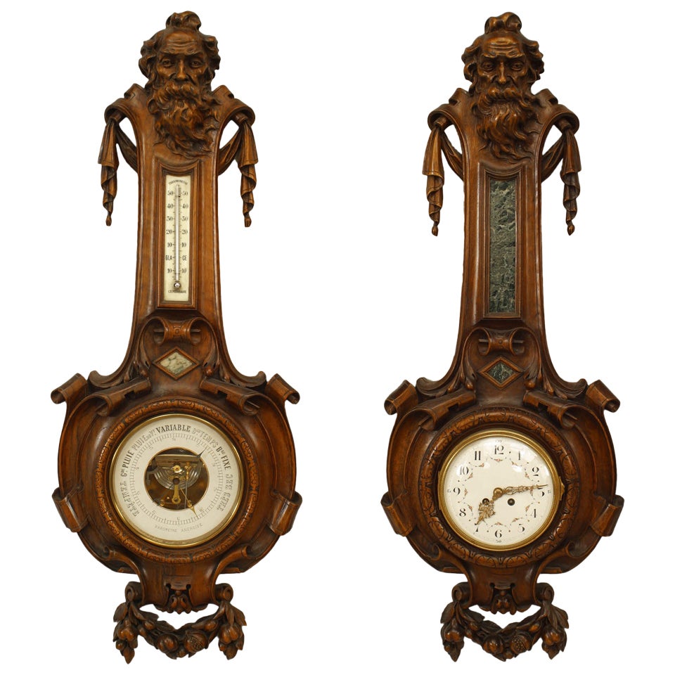 Pair of French Walnut Clocks & Barometers