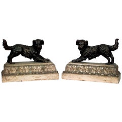 Antique Pair of French Bronze Terrier Andirons