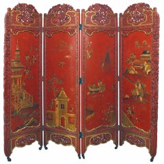 Antique Chinese Red Lacquered 4-Fold Screen with Carved Floral Frame