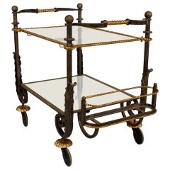 Vintage 1940's Iron And Gilt Rope Glass Tea Cart, Attributed To Poillerat