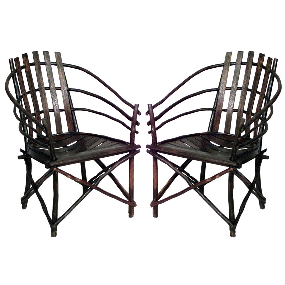 Pair of Willow Barrel-Back Adirondack Armchairs