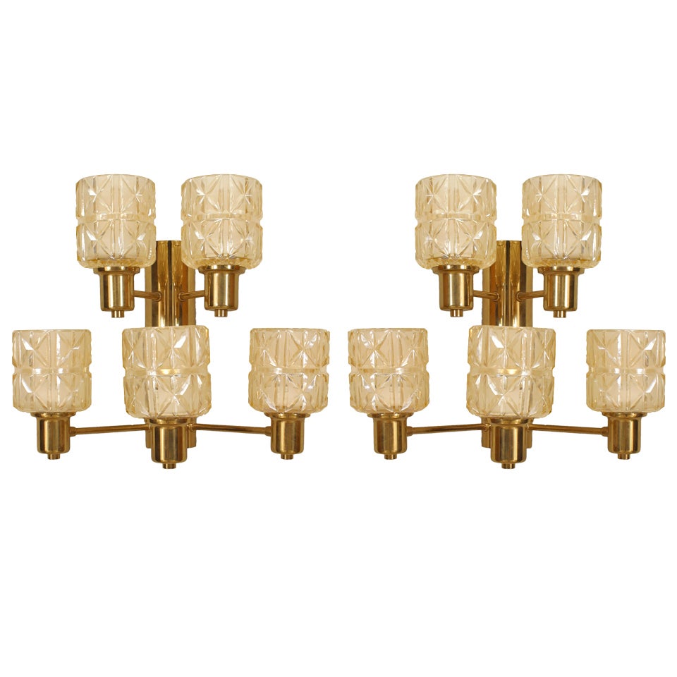 Pair of Hans Agne Jakobsen Swedish Mid-Century Brass and Glass Wall Sconces For Sale