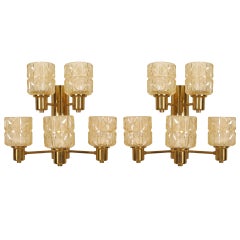 Pair of Hans Agne Jakobsen Swedish Mid-Century Brass and Glass Wall Sconces