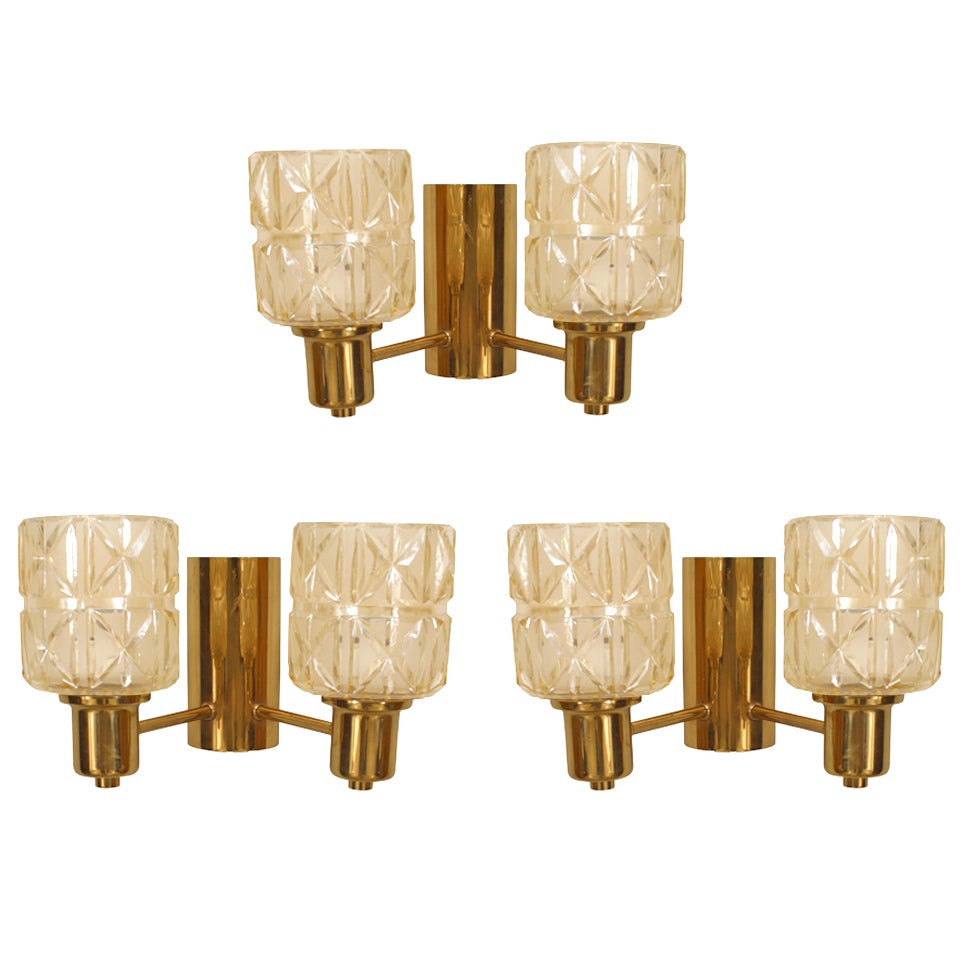 3 Hans Agne Jakobsen Swedish Mid-Century Brass and Glass Wall Sconces For Sale