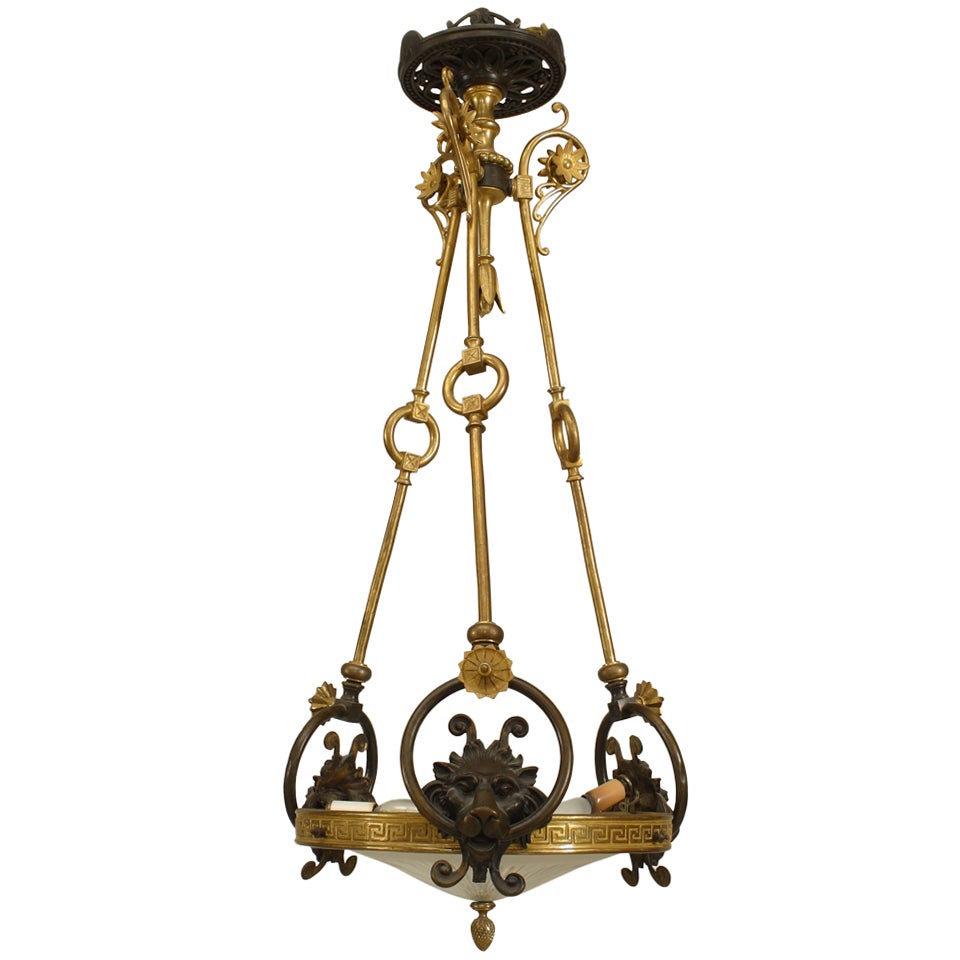 English Regency Glass and Bronze Lion Pendant Chandelier For Sale