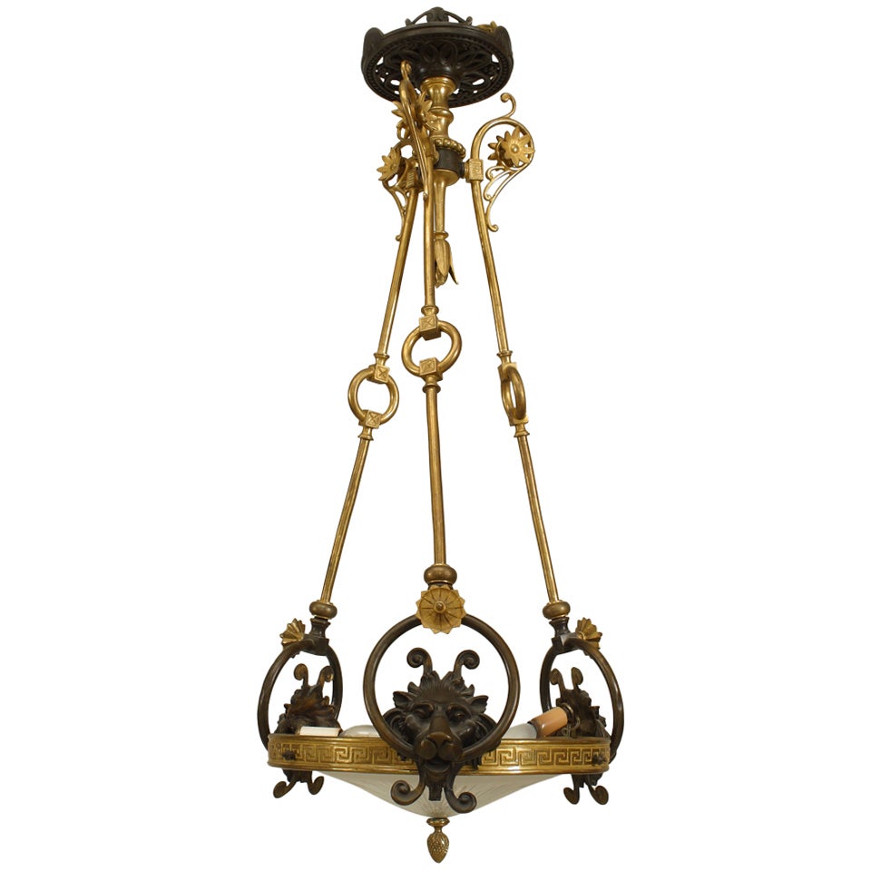 English Regency Glass and Bronze Lion Pendant Chandelier