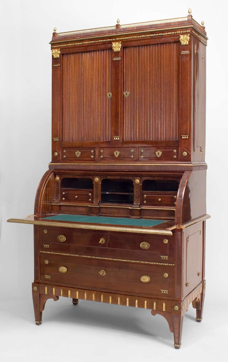 Russian (Possibly Baltic) (18/19th Century) mahogany & bronze trim secretary cabinet with a roll top centering a 2 tambour door top and chest with 2 drawer base (with modifications)
