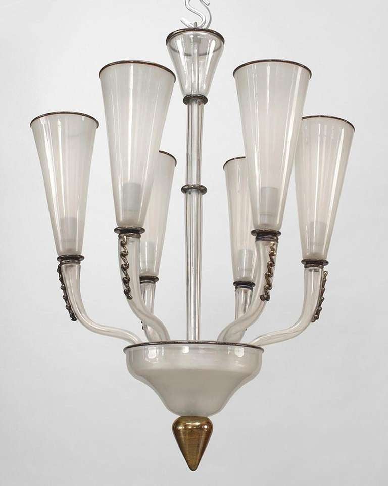 1940s Venetian chandelier composed of white frosted Murano glass and featuring six arms with conical form shades as well as decorative elements such as applied black accents with gold flecking and pointed, gold-tone glass bottom finial.