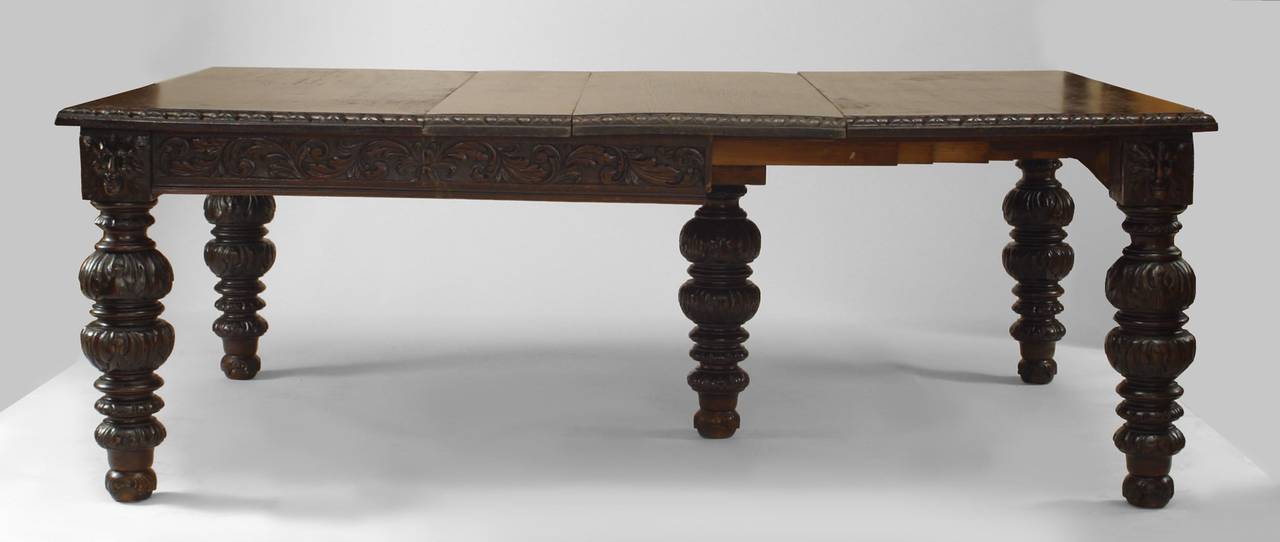English Renaissance Revival Dark Oak Extending Dining Table C English Victorian Renaissance Revival Dark Stained Oak Extension Dining Table With Carved Bulbous Legs A
