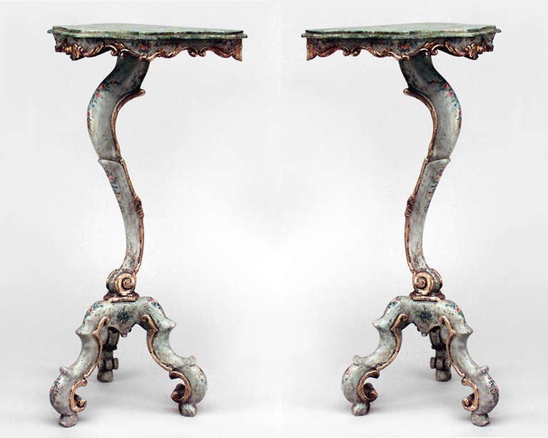 Pair of Italian Venetian style (19th Cent) blue painted and floral decorated pedestals with faux marble top.
