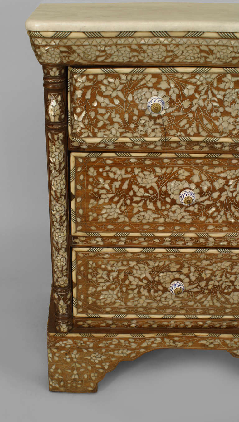 Wood Middle Eastern Marble Top Inlaid Chest Of Drawers