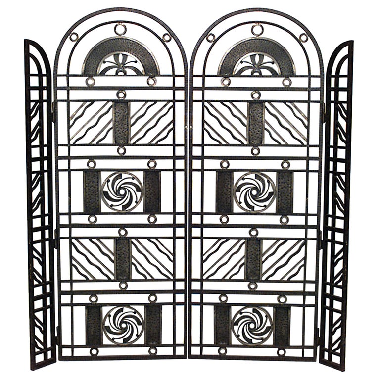 Edgar Brandt French Art Deco 4 Panel Iron Filigree Gate For Sale