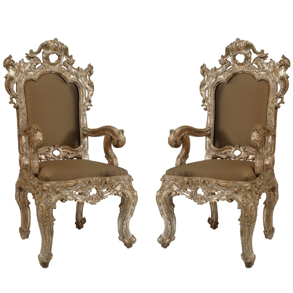 Pair of Italian Rococo Silver Gilt Throne Chairs