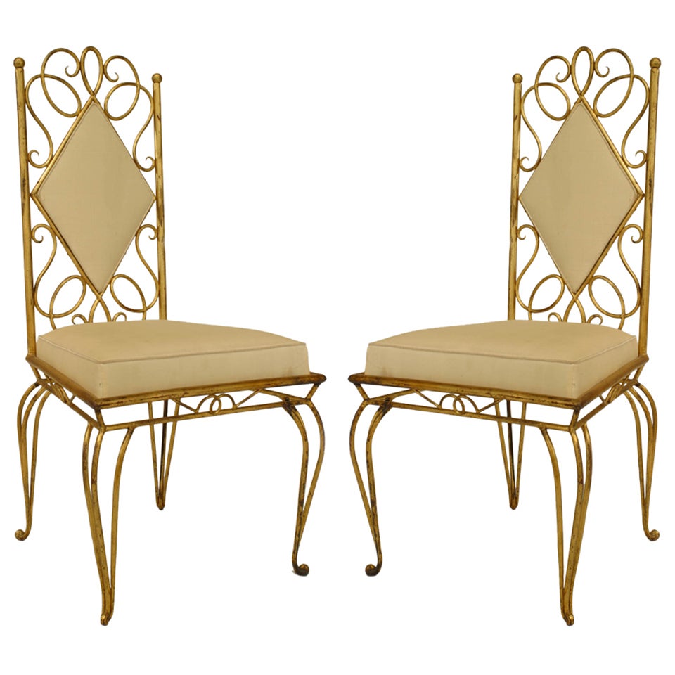 Pair of French Gilt Metal Scroll Side Chairs For Sale