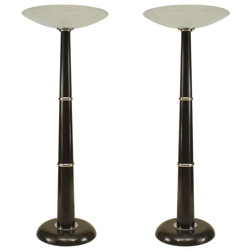Pair of Italian Ebonized Wood and Chrome Floor Lamps For Sale