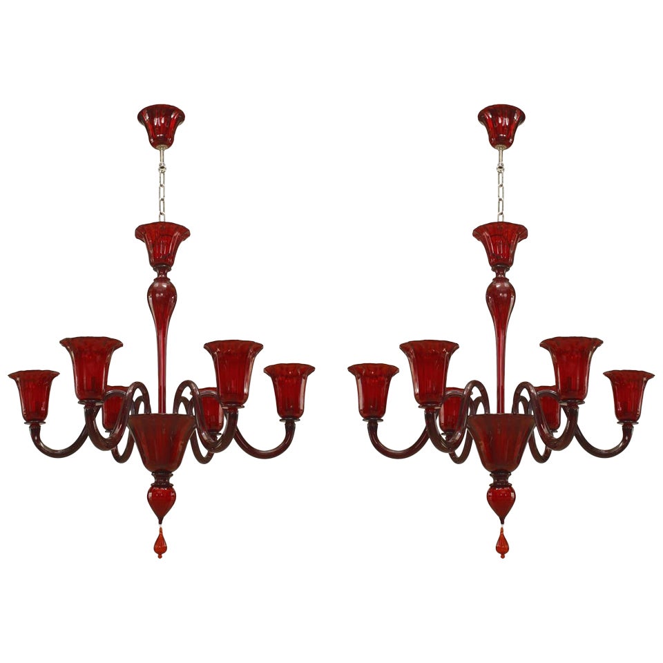 2 Venetian Murano Ruby Red Glass Chandeliers For Sale
