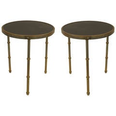 Pair of 1940s French Brass Faux Bamboo and Leather End Tables by Jacques Adnet