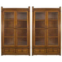 Pair of English Arts and Crafts Movement Glass Door Oak Bookcases