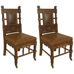 Pair of Turn of the Century English Arts & Crafts Carved Mahogany Side Chairs